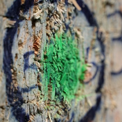 Close-up of a wooden target with green paint and visible wood shavings.